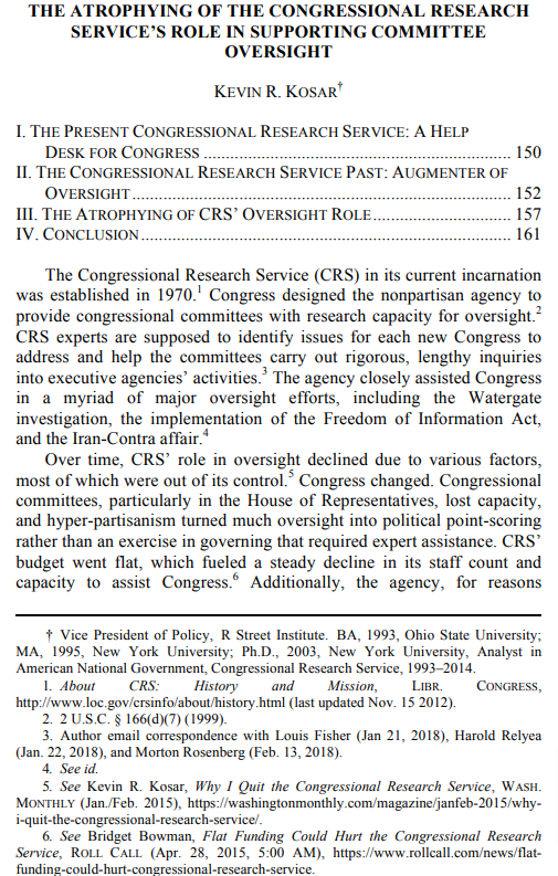 The Atrophying of the Congressional Research Service’s Role in Supporting Committee Oversight